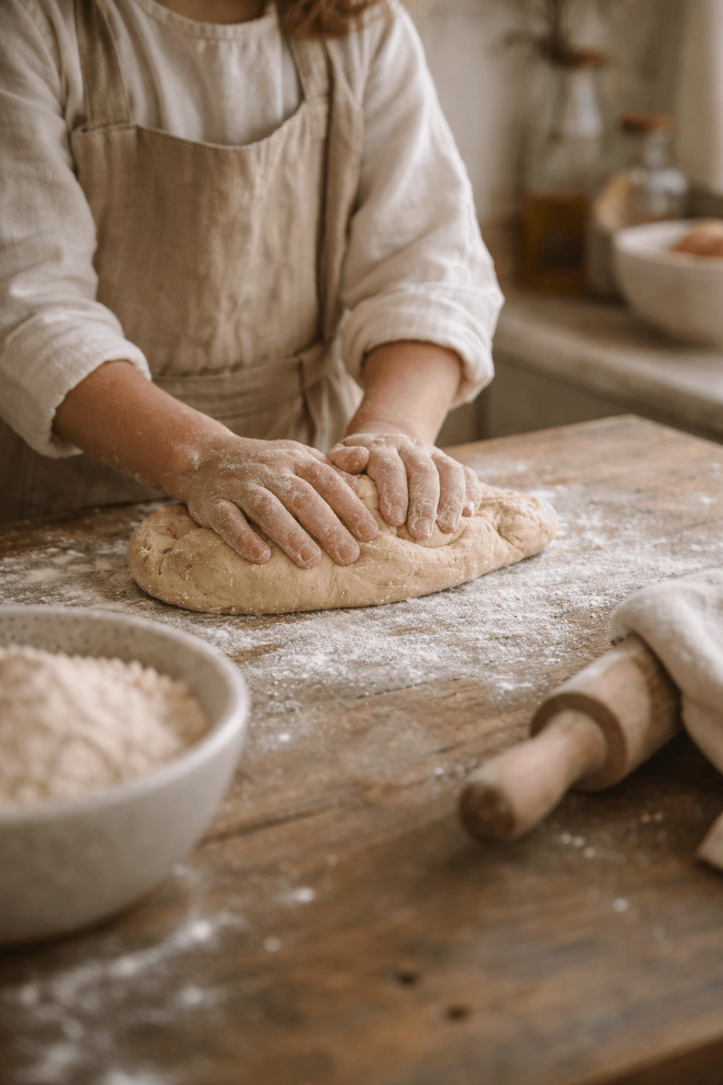 Hands kneading dough on a wooden table